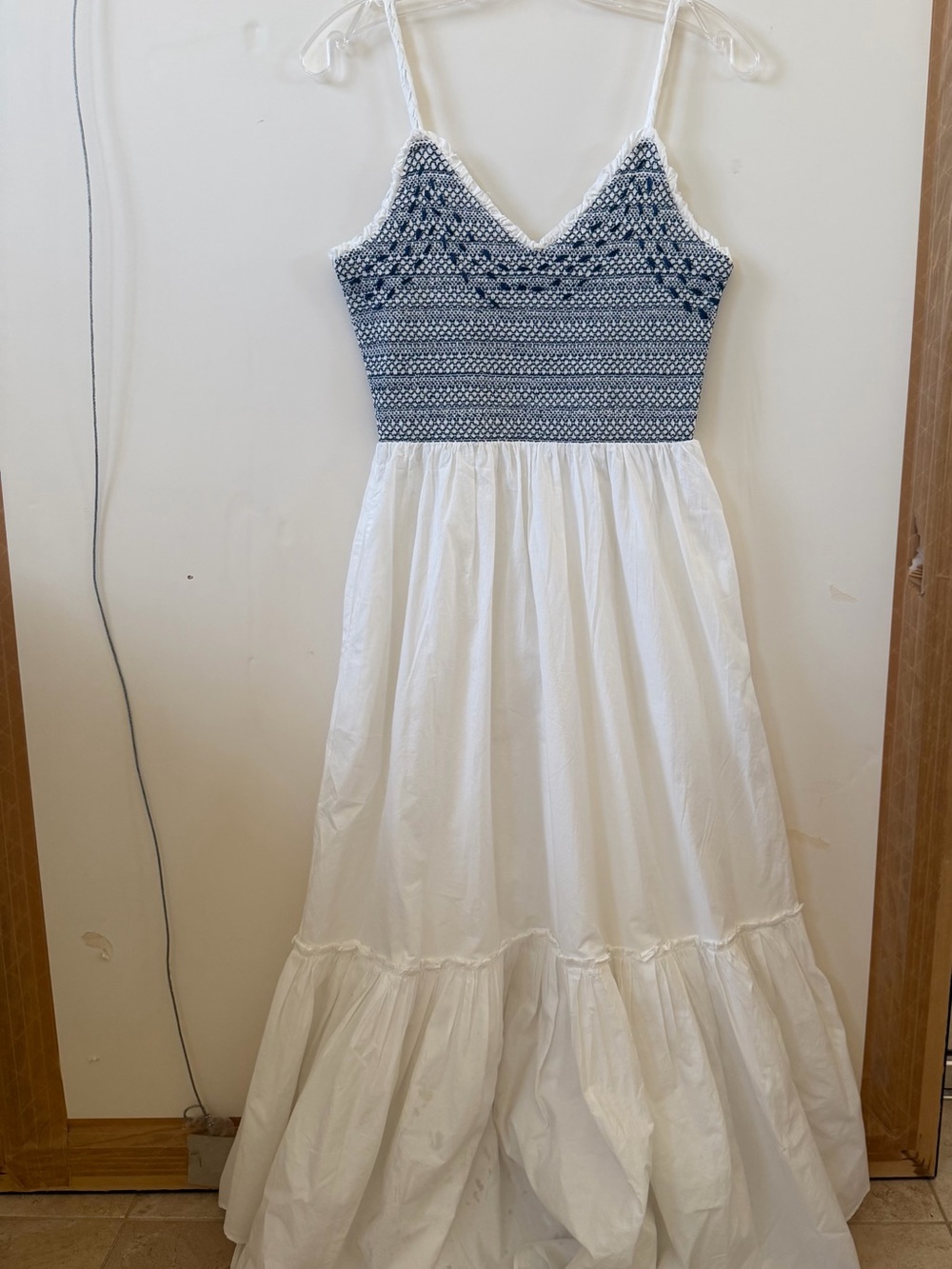 Ramy Brook White Maxi Dress with Navy Smocked Bodice
